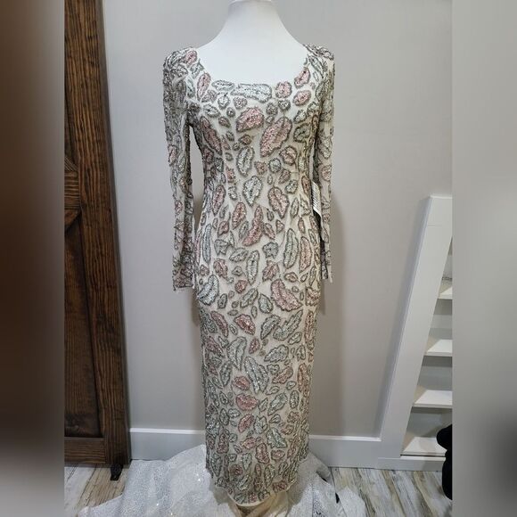 Mac Duggal FOLIAGE EMBELLISHED MIDI SHEATH DRESS NWOT sz 6 Ivory (5424) - Picture 4 of 7